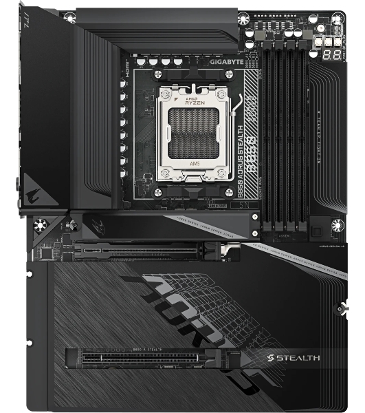 Материнская плата Gigabyte B850 AORUS STEALTH, AM5, AMD B850, 4xDDR5, 2xSATA, 4xM.2, 1xPCIe 5.0 x16, 1xPCIe 4.0 x16, 1xHDMI, 1x5Gb LAN, Wi-Fi 7, Bluetooth 5.4, 1xUSB-C 10Gbps, 2xUSB-A 10Gbps, 4xUSB-A 5Gbps, 4xUSB-A 2.0, 3x3.5 мм + S/PDIF оптический, 7.1, ATX