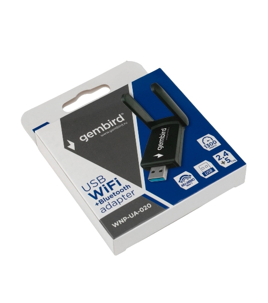 Сетевой адаптер WiFi+Bluetooth Gembird WNP-UA-020 двухдиапазонный с антеннами, 1300 Мбит, USB, 802.11b/a/g/n/ac
