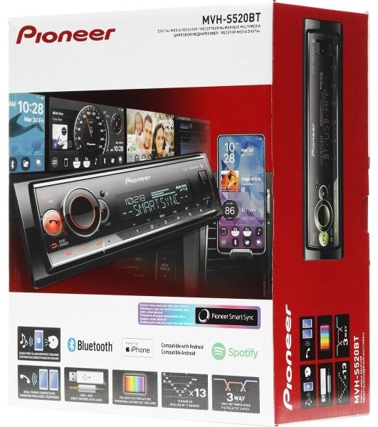Автомагнитола Pioneer MVH-S520BT, 1 DIN, Bluetooth, USB Type-A, AUX, пульт ДУ, съёмная панель