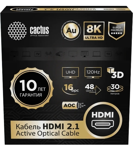 Кабель аудио-видео Cactus CS-HDMI-AOC-2.1-30 HDMI (m)/HDMI (m) 30м. позолоч.конт. черный