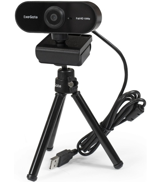 Веб-камера ExeGate EX287379RUS Stream C925 FullHD T-Tripod (матрица 1/3' 2 Мп, 1920х1080, 1080P, 30fps, 4-линзовый объектив, шторка, фиксированный фокус, USB, микрофон с шумоподавлением, поворотное крепление, телескопический штатив Tripod Tele Ball, кабель 1,5 м, поддержка H.264, Win Vista/7/8/10, Mac OS, черная)