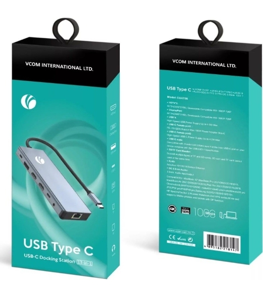USB-концентратор VCOM CU4706, USB Type-C, HDMI/DP/USB3.0/TC/USB2.0/RJ45/SD/TF/PD/3.5 мм jack, USB Type-C