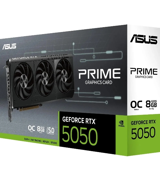 Видеокарта ASUS Prime GeForce RTX 5050 OC, NVIDIA RTX 5050, 8 ГБ GDDR6, 128 бит, PCI-e 5.0, 1xHDMI, 3xDP, 2707 МГц