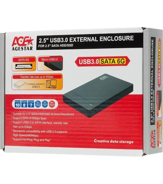 Внешний корпус для HDD AgeStar 3UB2P3 SATA III пластик черный 2.5'