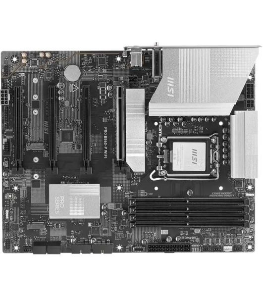 Материнская плата MSI PRO B860-P WIFI, LGA 1851, Intel B860, 4xDDR5, 4xSATA, 3xM.2, 1xPCIe 5.0 x16, 1xPCIe 4.0 x4, 2xPCIe 4.0 x1, 1xHDMI, 1xDP, 1xUSB-C, 1x 5Gb LAN, 2xUSB-A 3.2 Gen 2, 2xUSB-A 3.2 Gen 1, 4xUSB-A 2.0, 3x3.5 мм, 7.1, Wi-Fi 7, ATX