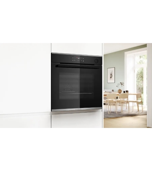 Встраиваемый духовой шкаф Bosch HRG232EB3 Serie 4 с добавлением пара Bosch, Auto Pilot 15, объем 71 л, 8 режимов нагрева, 3D Hotair, Soft move door,телескопические направляющие 1уровень,гидролиз+каталитическая очистка задней стенки,сенсорное управление,черный+профиль из нержавеющей стали