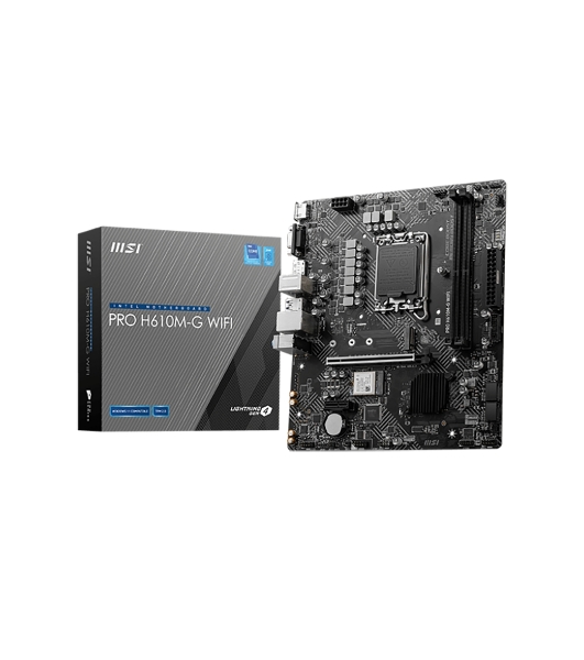 Материнская плата MSI PRO H610M-G WIFI, LGA 1700, Intel H610, 2xDDR5 (до 64 ГБ), 4xSATA, 1xM.2 (PCIe 3.0 x4), 1xPCIe 4.0 x16, 2xPCIe x1, 1xVGA, 1xHDMI, 1xDP, 1x1Gb LAN, Wi-Fi 5, Bluetooth 4.2, 4xUSB-A 5Gbps, 2xUSB-A 2.0, 1xPS/2, 3x3.5 мм, 7.1, чёрный, mATX