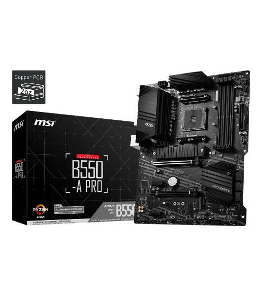 Материнская плата MSI B550-A PRO, AM4, AMD B550, 4xDDR4, 6xSATA, 2xM.2, 1xPCI-E 4.0 x16, 1xPCI-E 3.0 x16, 2xPCI-E x1, 1xHDMI, 1xDP, 1x 1Gb LAN, 4xUSB-A 2.0, 2xUSB-A 3.2 Gen 1, 1xUSB-A 3.2 Gen 2, 1xUSB-C 3.2 Gen 2, 6x3.5 мм, 7.1, ATX