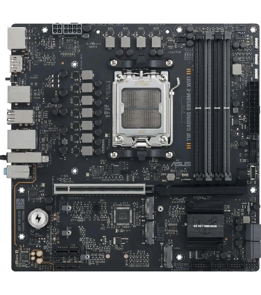 Материнская плата ASUS TUF GAMING B850M-E WIFI, AM5, AMD B850, 4xDDR5, 4xSATA, 3xM.2, 1xPCIe 5.0 x16, 1xPCIe 3.0 x1, 1xHDMI, 2xDP, 1x2.5Gb LAN, Wi-Fi 6E, Bluetooth 5.3, 1xUSB-C 10Gbps, 1xUSB-A 10Gbps, 2xUSB-A 5Gbps, 4xUSB-A 2.0, 3x3.5 мм, 7.1, mATX