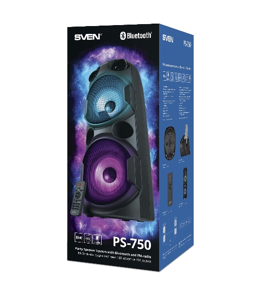 Колонка АС SVEN PS-750, черный (80 Вт, TWS, Bluetooth, FM, USB, microSD, LED-дисплей, 2х4400мА*ч)
