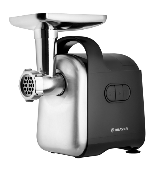 Мясорубка электрическая BRAYER BR1602 чёрный, 2000 Вт, 2.0 кг/мин, реверс, защита от перегрузки, металлический лоток, насадки - 6