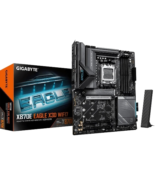 Материнская плата Gigabyte X870E EAGLE X3D WIFI7, AM5, AMD X870E, 4xDDR5, 4xSATA, 4xM.2, 1xPCIe 5.0 x16, 1xPCIe 4.0 x16, 1xPCIe 3.0 x16, 1xHDMI, 1x5Gb LAN, Wi-Fi 7, Bluetooth 5.4, 2xUSB-C 40Gbps (USB4), 1xUSB-C 10Gbps, 4xUSB-A 10Gbps, 4xUSB-A 5Gbps, 3x3.5 мм + S/PDIF оптический, 7.1, чёрный, с подсветкой, ATX