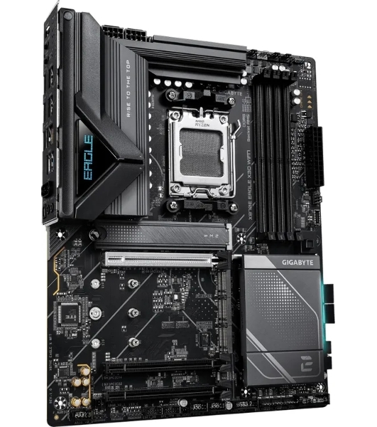 Материнская плата Gigabyte X870E EAGLE X3D WIFI7, AM5, AMD X870E, 4xDDR5, 4xSATA, 4xM.2, 1xPCIe 5.0 x16, 1xPCIe 4.0 x16, 1xPCIe 3.0 x16, 1xHDMI, 1x5Gb LAN, Wi-Fi 7, Bluetooth 5.4, 2xUSB-C 40Gbps (USB4), 1xUSB-C 10Gbps, 4xUSB-A 10Gbps, 4xUSB-A 5Gbps, 3x3.5 мм + S/PDIF оптический, 7.1, чёрный, с подсветкой, ATX