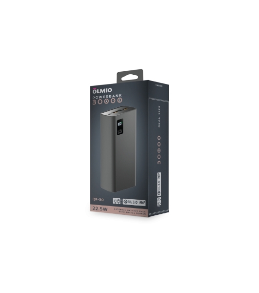 Портативный аккумулятор OLMIO QR-30, 30000mAh, 22.5W, QuickCharge3.0/PowerDelivery, LCD, серый