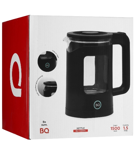 Электрочайник BQ KT2000G черный, 1.5 л, 1500 Вт, скрытый нагревательный элемент