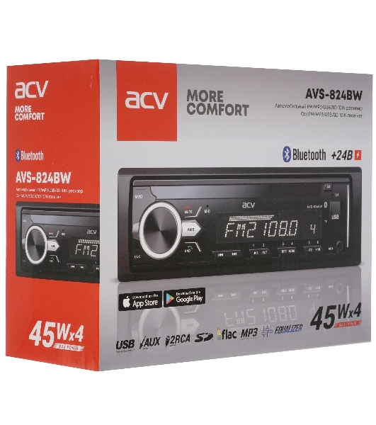 Автомагнитола ACV AVS-824BW, 1 DIN, Bluetooth, USB Type-A, AUX