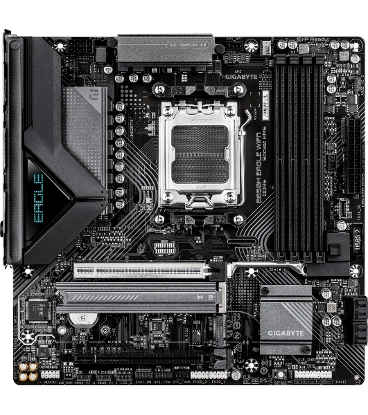 Материнская плата Gigabyte B850M EAGLE WIFI7, AM5, AMD B850, 4xDDR5, 4xSATA, 2xM.2, 1xPCIe 5.0 x16, 1xPCIe 3.0 x16, 1xHDMI, 2xDP, 1x2.5Gb LAN, Wi-Fi 7, Bluetooth 5.4, 1xUSB-C 10Gbps, 1xUSB-A 10Gbps, 2xUSB-A 5Gbps, 4xUSB-A 2.0, 1xPS/2, 3x3.5 мм, 7.1, mATX
