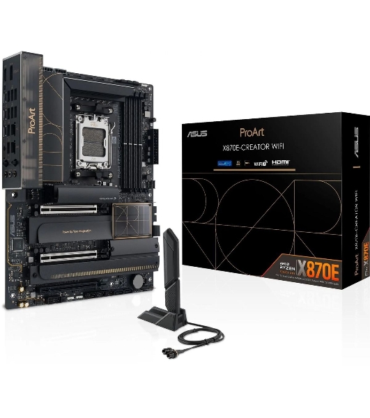 Материнская плата ASUS PROART X870E-CREATOR WIFI, AM5, AMD X870E, 4xDDR5, 4xSATA, 4xM.2, 2xPCIe 5.0 x16, 1xPCIe 4.0 x4, 2xUSB-C 40Gbps, 1xUSB-C 20Gbps, 7xUSB-A 10Gbps, 1xUSB-A 2.0, 1xDP (v1.4), 1xHDMI (v2.1), 1x10Gb LAN, 1x2.5Gb LAN, Wi-Fi 7, Bluetooth 5.4, 3x3.5 мм, 7.1, ATX