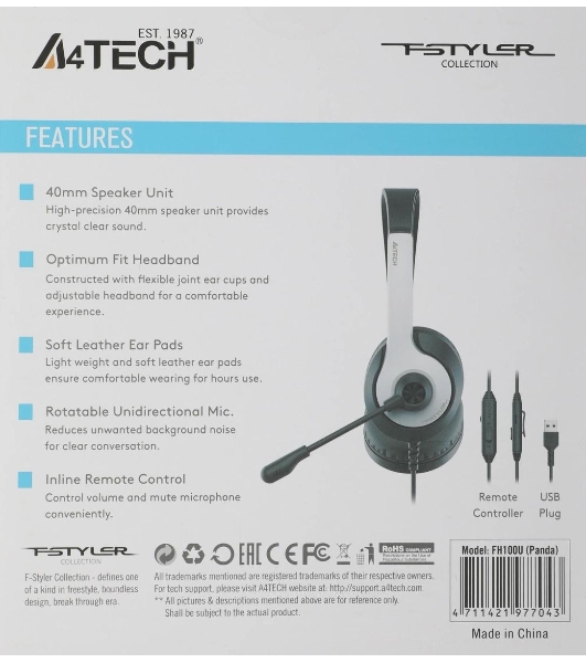 Гарнитура A4Tech Fstyler FH100U белый/черный, проводная