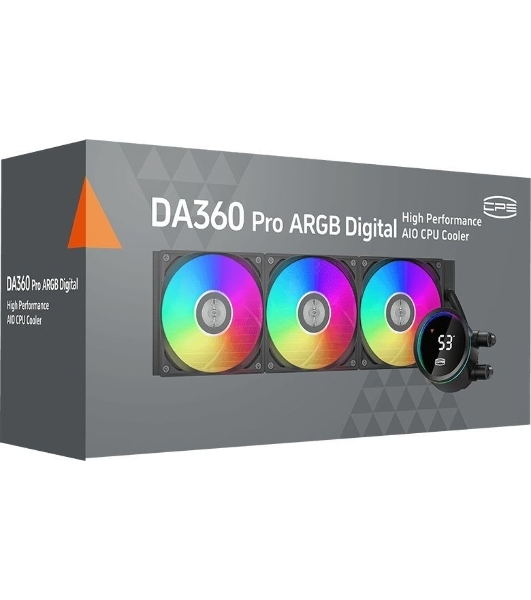 Система охлаждения PCCooler DA360 Pro ARGb Digital BK (300W, 360мм, LED temp., Black, ARGb/Fans: 3x120мм, 75.8CFM, 33.7dBA, 2200RPM/Pump height 57мм, 28dBA, 3000RPM, Rad thickness 27мм/S: 1851, 1700, 1200, 20XX, 115X, AM5, AM4)