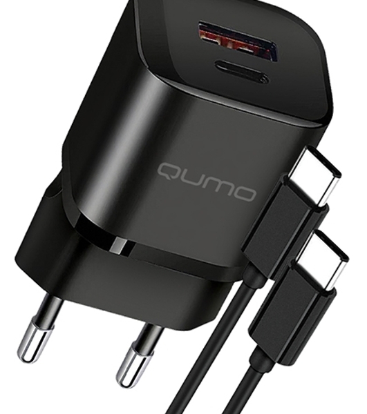 Сетевое зарядное устройство Qumo Energy PD 20Вт (модель 0109), Type-C PD + USB-A QC3.0,+ кабель 1м. Type-C на Type-C, черный