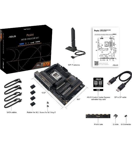 Материнская плата ASUS PROART X870E-CREATOR WIFI, AM5, AMD X870E, 4xDDR5, 4xSATA, 4xM.2, 2xPCIe 5.0 x16, 1xPCIe 4.0 x4, 2xUSB-C 40Gbps, 1xUSB-C 20Gbps, 7xUSB-A 10Gbps, 1xUSB-A 2.0, 1xDP (v1.4), 1xHDMI (v2.1), 1x10Gb LAN, 1x2.5Gb LAN, Wi-Fi 7, Bluetooth 5.4, 3x3.5 мм, 7.1, ATX