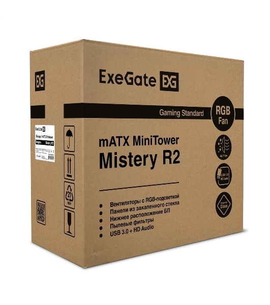 Компьютерный корпус Minitower ExeGate Mistery R2-NPX500 (mATX, БП 500NPX с вент. 12 см, 2*USB+1*USB 3.0, аудио, черный, 1 вент. 12см с RGb подсветкой и полоса на передней панели, боковая панель - закаленное стекло)