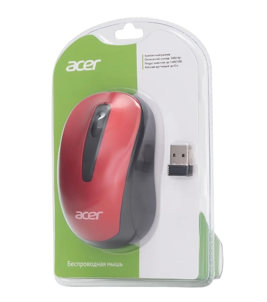 Мышь беспроводная Acer OMR136 красный, 1000 dpi, радиоканал, USB, кнопки - 3