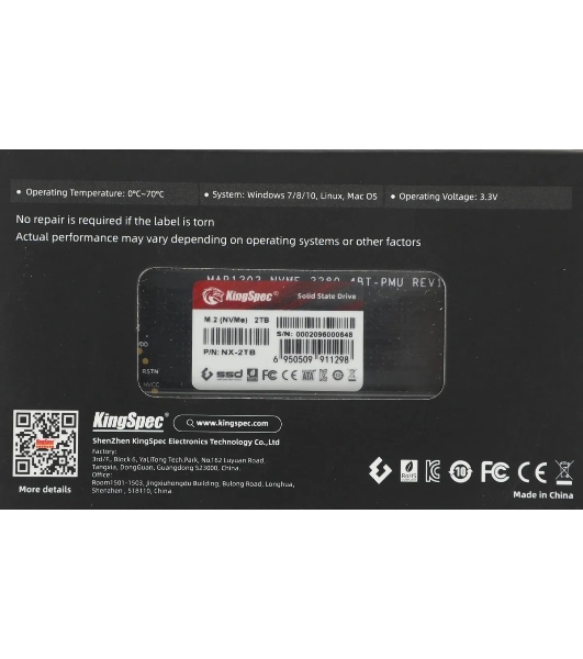 Накопитель SSD KingSpec NX-2Tb, 2000Gb, PCIe 3.0 x4, M.2 2280, NVMe, R/W 3400/3100