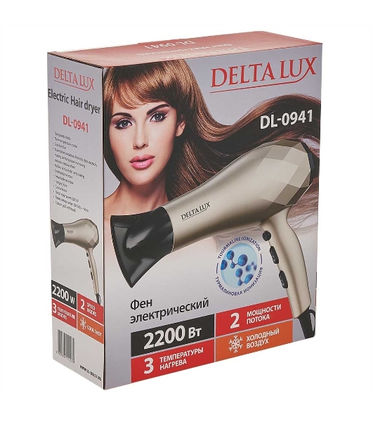 Фен DELTA LUX DL-0941 золотой/черный, 2200 Вт, ионизация