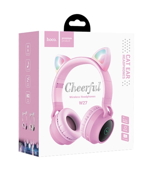 Беспроводные/проводные наушники Hoco W27 розовый, накладные, Bluetooth + проводной, 'кошачьи ушки', до 5 ч.