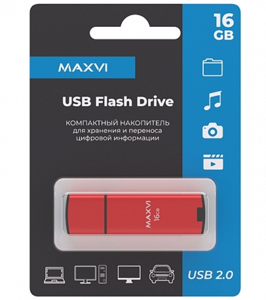 Флешка USB Maxvi MP2 red (FD16GbUSB20C10MP2), 16Gb, USB 2.0, R/W 15/5, красный/черный