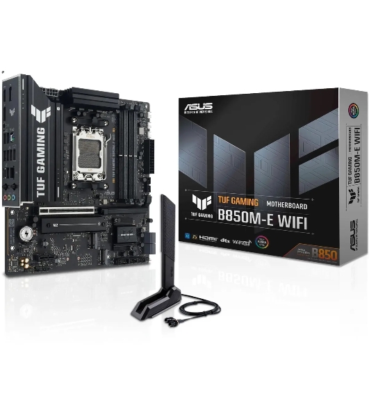 Материнская плата ASUS TUF GAMING B850M-E WIFI, AM5, AMD B850, 4xDDR5, 4xSATA, 3xM.2, 1xPCIe 5.0 x16, 1xPCIe 3.0 x1, 1xHDMI, 2xDP, 1x2.5Gb LAN, Wi-Fi 6E, Bluetooth 5.3, 1xUSB-C 10Gbps, 1xUSB-A 10Gbps, 2xUSB-A 5Gbps, 4xUSB-A 2.0, 3x3.5 мм, 7.1, mATX