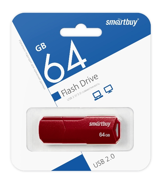 Флешка USB Smartbuy CLUE Burgundy (SB64GbCLU-BG), 64Gb, USB 2.0, R/W 20/10, красный