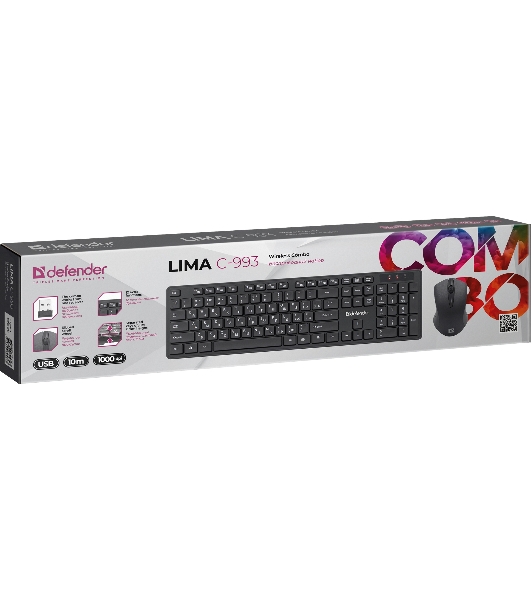 Комплект клавиатура+мышь Defender Lima C-993 беспроводной, USB, 1000 DPI, чёрный