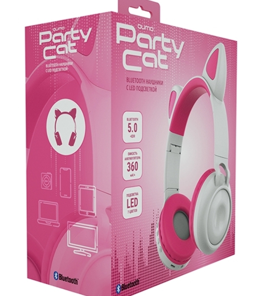 Беспроводные/проводные наушники Qumo Party Cat BT 0025 бело-розовый, накладные, Bluetooth + проводной, кошачьи ушки, до 7 ч