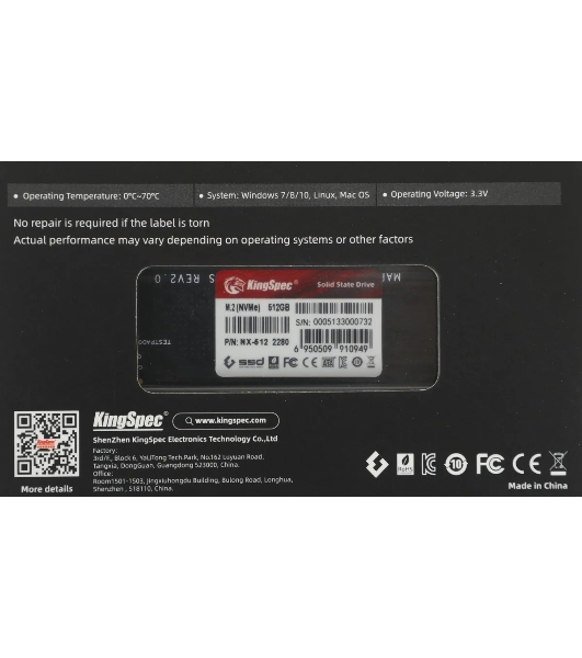 Накопитель SSD KingSpec NX-512, 512Gb, PCIe 3.0 x4, M.2 2280, NVMe, R/W 3400/3100