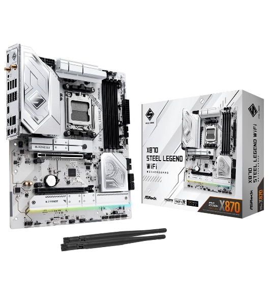 Материнская плата ASRock X870 STEEL LEGEND WIFI, AM5, AMD X870, 4xDDR5, 4xSATA, 3xM.2, 1xPCIe 5.0 x16, 1xPCIe 5.0 x4, 1xHDMI, 1x2.5Gb LAN, Wi-Fi 7, Bluetooth 5.4, 2xUSB-C 40Gbps, 2xUSB-A 10Gbps, 3xUSB-A 5Gbps, 4xUSB-A 2.0, 1xTOSLINK, 2x3.5 мм, 7.1, ATX