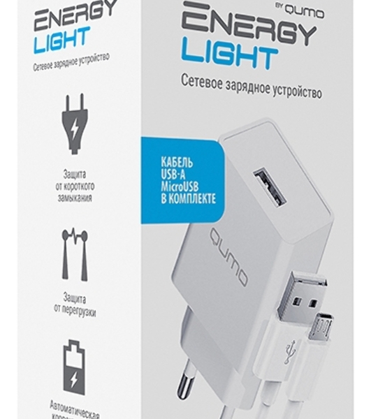 Сетевое зарядное устройство Qumo Energy light 10Вт, (модель 0103), порт: USB-A, + кабель PVC 1м. USB-A на MicroUSB, белый