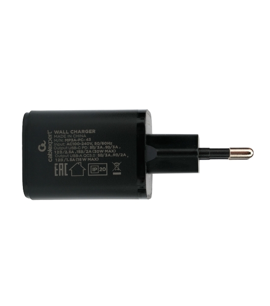 Сетевое зарядное устройство Cablexpert MP3A-PC-43, 30Вт, 3А, быстрая зарядка QC3.0/PD, 2 порта: USB и Type-C, черный, пакет