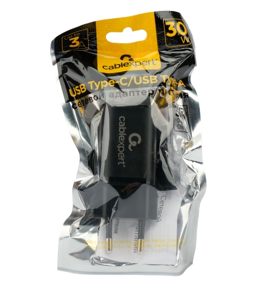 Сетевое зарядное устройство Cablexpert MP3A-PC-43, 30Вт, 3А, быстрая зарядка QC3.0/PD, 2 порта: USB и Type-C, черный, пакет