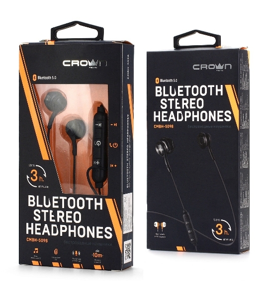 Беспроводные/проводные наушники Crown CMBH-5098 черный, полноразмерные, Bluetooth + проводной, складная конструкция, до 12 ч