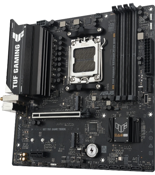 Материнская плата ASUS TUF GAMING A620M-A PLUS WIFI, AM5, AMD A620A, 4xDDR5, 4xSATA, 2xM.2, 1xPCIe 4.0 x16, 1xPCIe 3.0 x1, 1xHDMI, 2xDP, 1x2.5Gb LAN, Wi-Fi 6, Bluetooth 5.3, 2xUSB-A 10Gbps, 4xUSB-A 2.0, 3x3.5 мм, 7.1, mATX