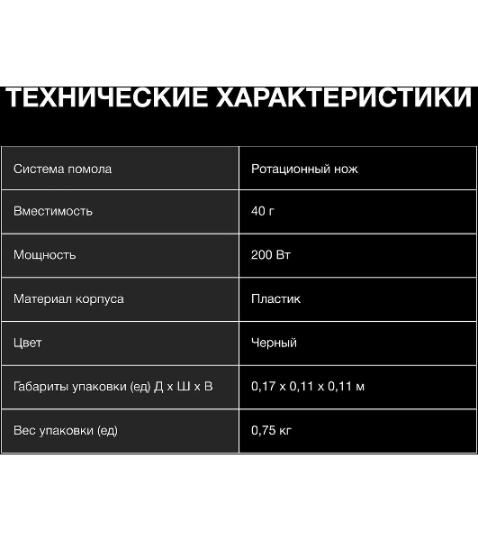 Кофемолка Hyundai HYC-G3241 200Вт сист.помол.:ротац.нож вместим.:40гр черный
