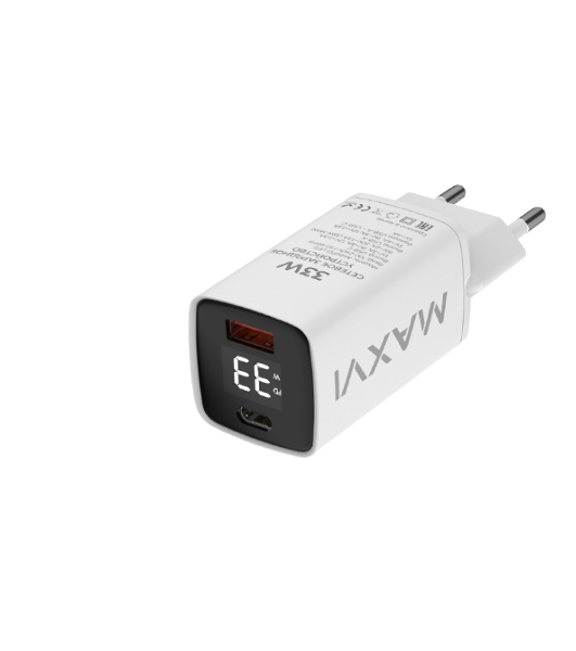 Сетевое зарядное устройство Maxvi A402PD LED 33W, 1xUSB-A, 1xUSB-C, белый