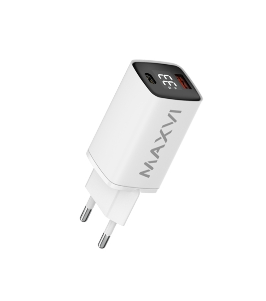 Сетевое зарядное устройство Maxvi A402PD LED 33W, 1xUSB-A, 1xUSB-C, белый