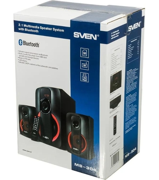 Колонки SVEN AC MS -304, черный Акустическая система, беспроводная передача сигнала по Bluetooth, суммарная мощность (RMS), Вт - 40, выходная мощность (RMS), Вт - сабвуфер: 20, сателлиты: 20 (2 х10), частотный диапазон, Гц - сабвуфер: 40 – 150, сателлиты: 150 – 20 000, размеры динамиков, мм - сабвуфер: O 128, воспроизведение с USB flash и SD card памяти, встроенное FM-радио, LED-дисплей, пульт ДУ, материал корпуса сабвуфера и сателлитов – дерево (MDF).