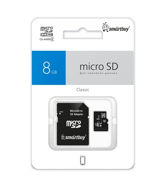 Флеш карта microSD 8Gb, Smartbuy microSDHC Class 4 (SD адаптер)
