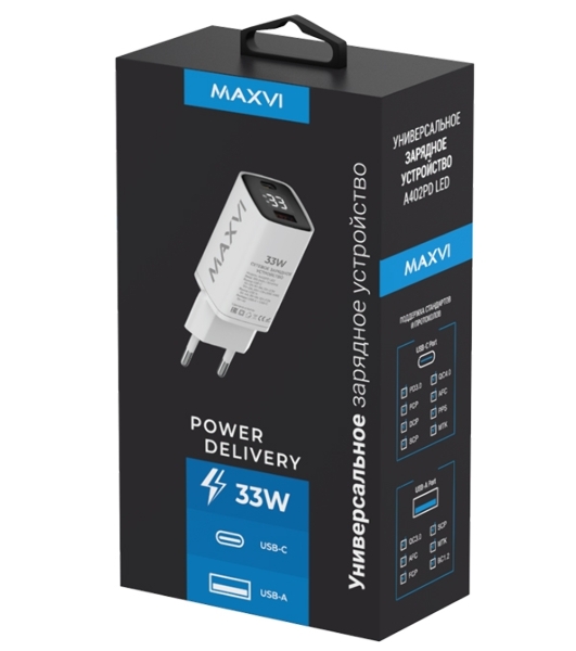 Сетевое зарядное устройство Maxvi A402PD LED 33W, 1xUSB-A, 1xUSB-C, белый