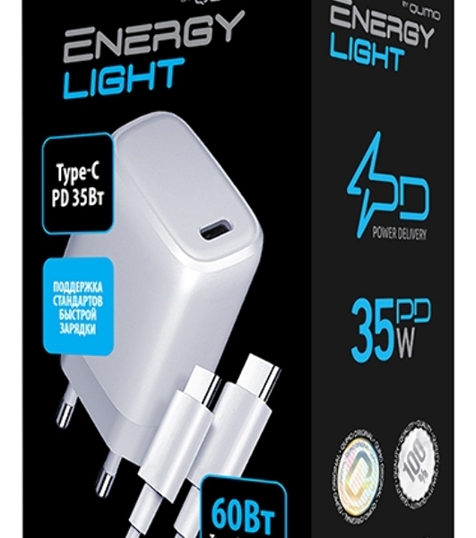 Сетевое зарядное устройство Qumo Energy light PD 35Вт (Charger 0067), 1 USB Type-C, + кб 1м, 60Вт.